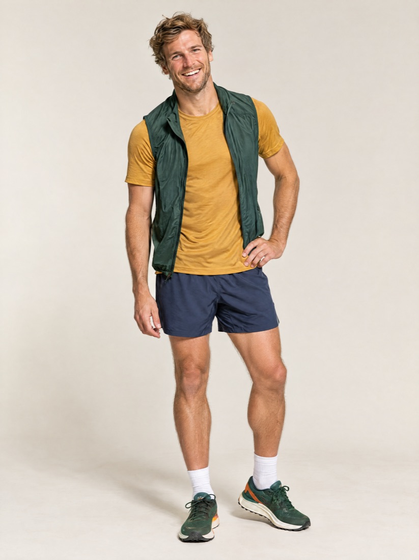 Illustrative Gauge AI character wearing an ochre shirt and green running vest.